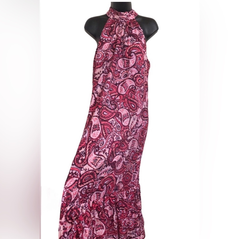 Cynthia Steffe fuchsia red pink combo silk like‎ tiered halter maxi dress size L
